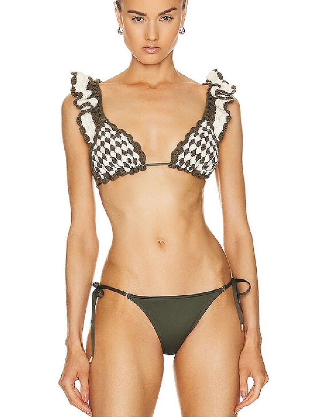 Zimmermann Olive & Ivory Check Ruffle-Trim Crochet Sz 6 NWT